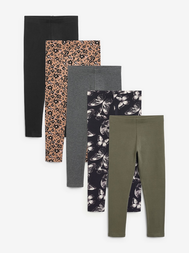 Khaki Green/Charcoal Grey/Purple Butterfly Leggings 5 Pack (3-16yrs) - Image 1 of 8