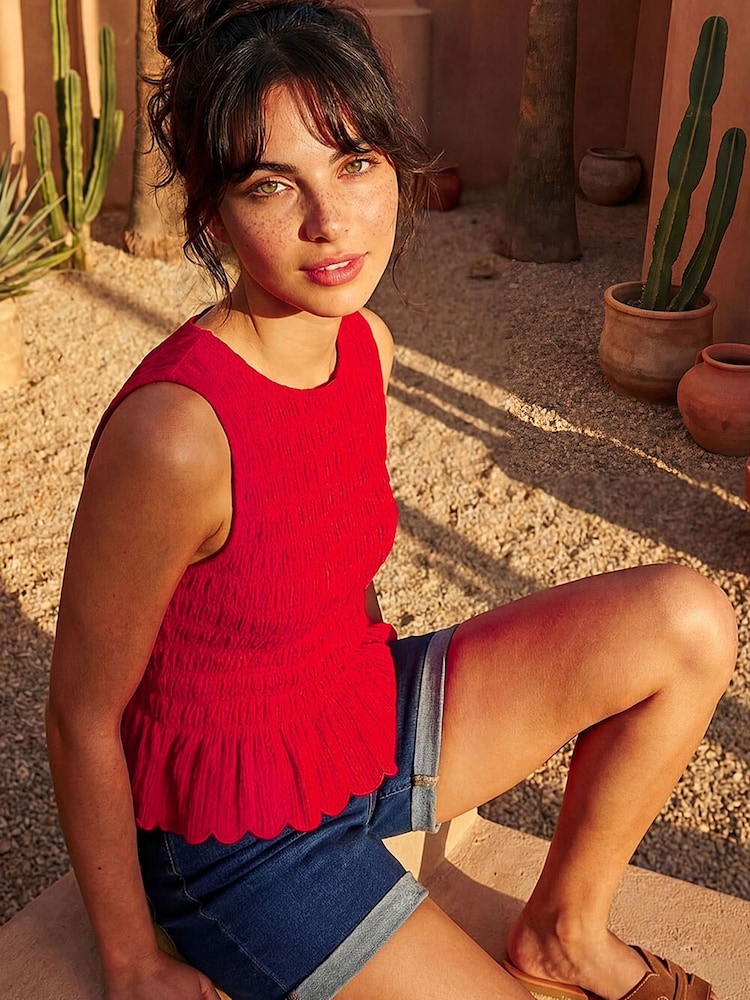 Roman Red Shirred Scallop Trim Stretch Top - Image 1 of 4