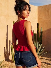 Roman Red Shirred Scallop Trim Stretch Top - Image 2 of 4