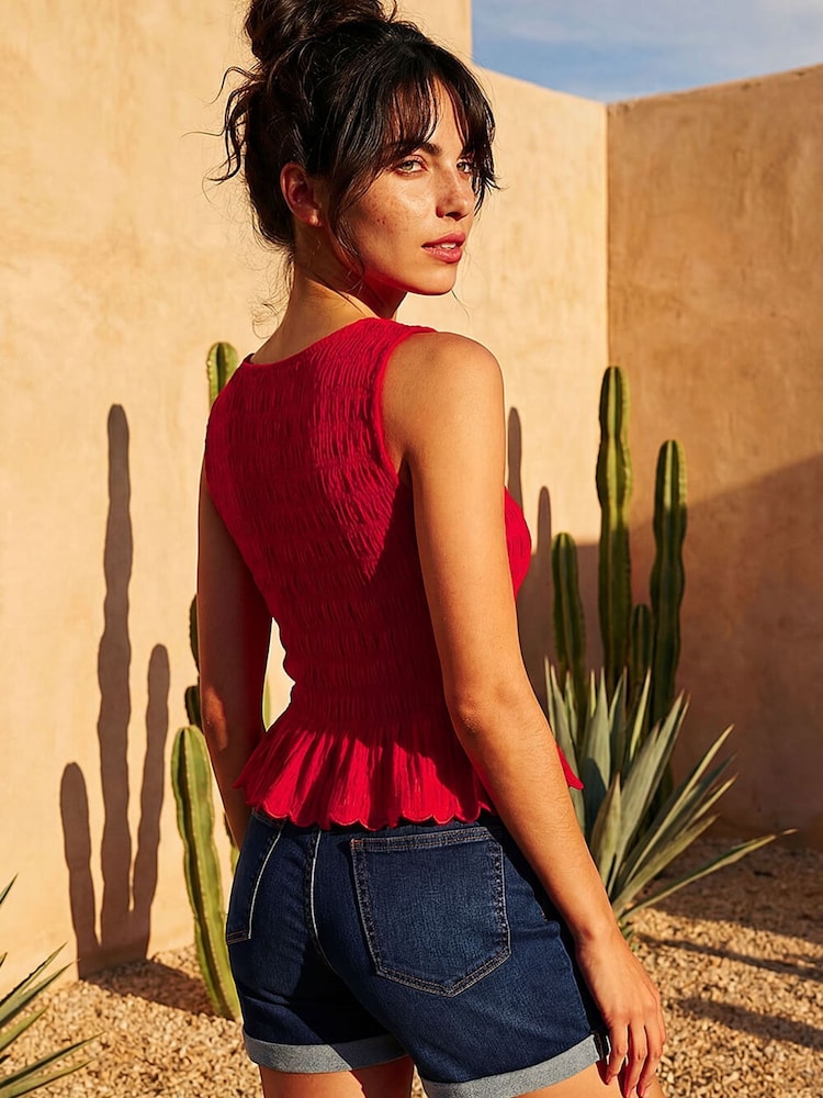 Roman Red Shirred Scallop Trim Stretch Top - Image 2 of 4