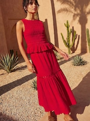 Roman Red Shirred Scallop Trim Stretch Top - Image 4 of 4