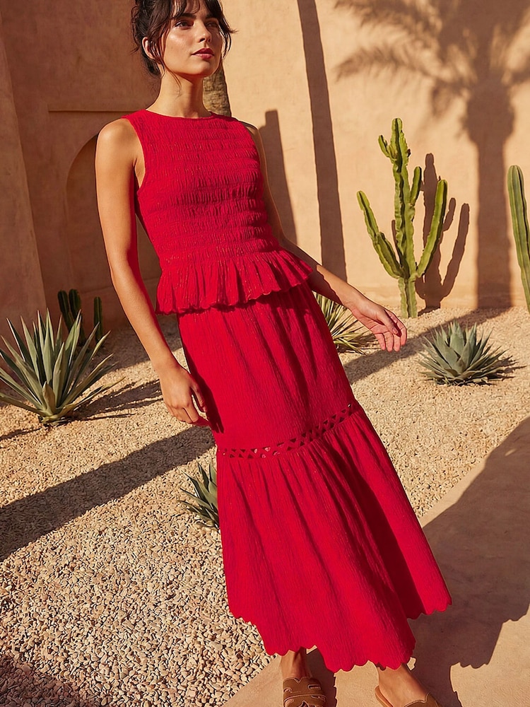 Roman Red Shirred Scallop Trim Stretch Top - Image 4 of 4