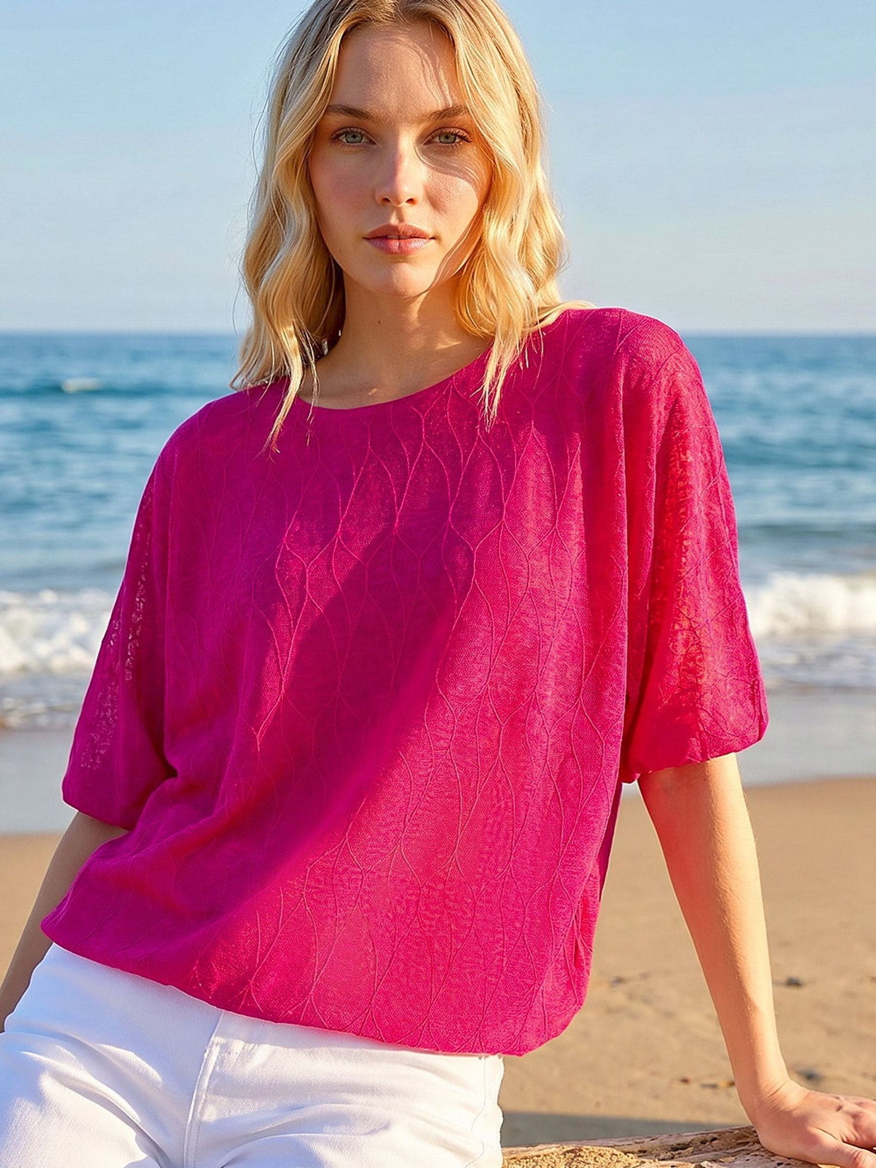 Roman Women's Pink Mesh Bubble Hem Top