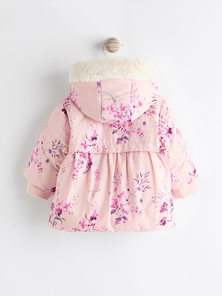 Pink Floral Baby Hooded Puffer Coat (0mths-2yrs) - Image 2 of 6 Pink Floral Baby Hooded Puffer Coat (0mths-2yrs) - Image 2 of 6