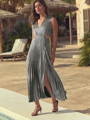 Silver Metallic Satin Pleat Dress - Image 1 of 8