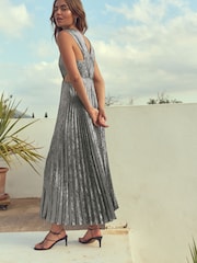 Silver Metallic Satin Pleat Dress - Image 3 of 8