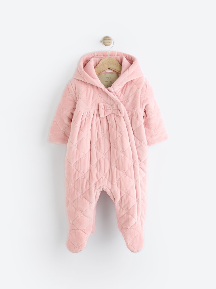 Pink Velour Quilted Fleece Lined Hooded Baby All-In-One Pramsuit (0mths-2yrs) - Image 1 of 9