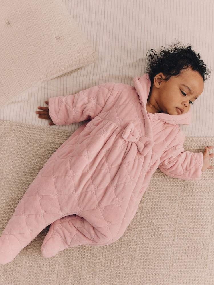 Pink Velour Quilted Fleece Lined Hooded Baby All-In-One Pramsuit (0mths-2yrs) - Image 2 of 9