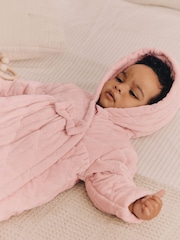 Pink Velour Quilted Fleece Lined Hooded Baby All-In-One Pramsuit (0mths-2yrs) - Image 4 of 9