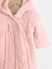 Pink Velour Quilted Fleece Lined Hooded Baby All-In-One Pramsuit (0mths-2yrs) - Image 6 of 9