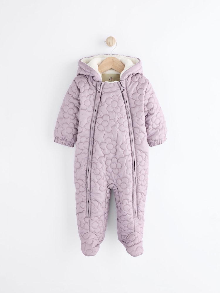 Purple Flower Fleece Lined Hooded Zip Quilted Baby All-In-One Pramsuit (0mths-2yrs) - Image 1 of 7