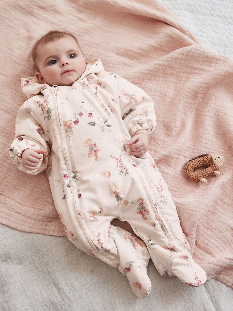 Ecru/ Pink Fairy Print Baby Zip Hooded All-In-One Pramsuit (0mths-2yrs) - Image 1 of 10