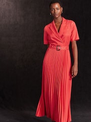 Red Pleated Short Sleeve Dress - Image 1 of 6