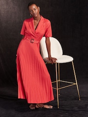 Red Pleated Short Sleeve Dress - Image 2 of 6