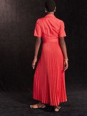 Red Pleated Short Sleeve Dress - Image 3 of 6