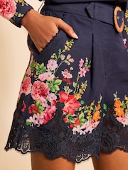 Love & Roses X RHS Navy Floral Printed Lace Hem Shorts - Image 2 of 4