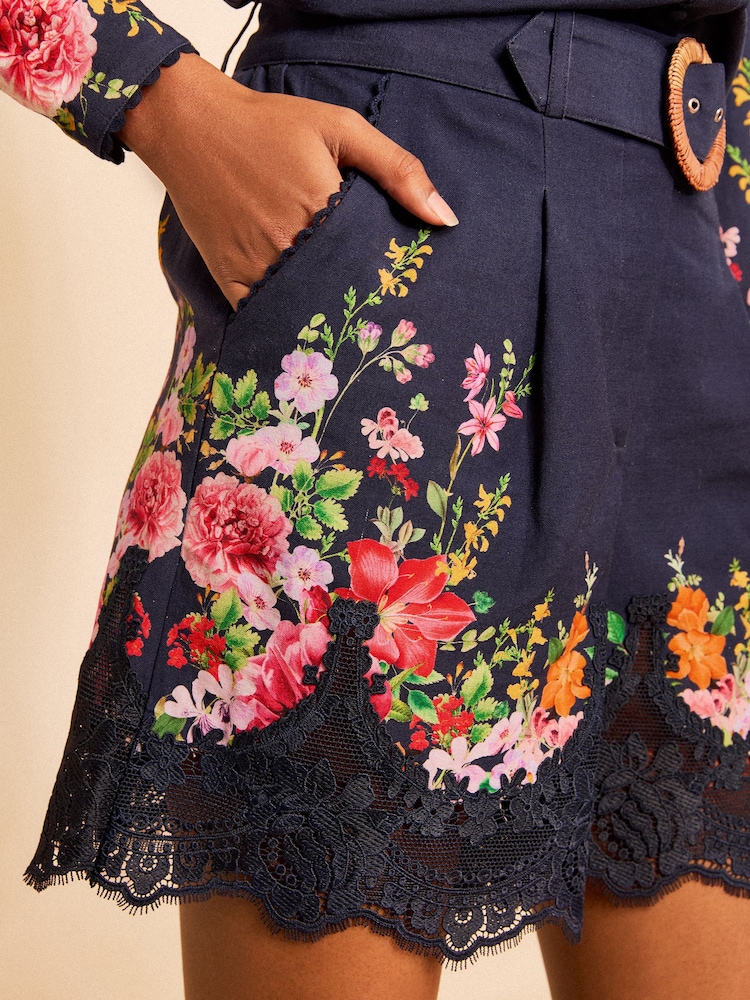 Love & Roses X RHS Navy Floral Printed Lace Hem Shorts - Image 2 of 4