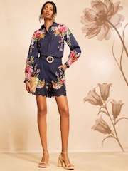 Love & Roses X RHS Navy Floral Printed Lace Hem Shorts - Image 3 of 4