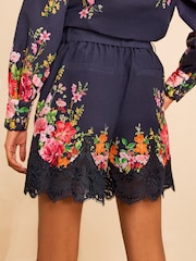Love & Roses X RHS Navy Floral Printed Lace Hem Shorts - Image 4 of 4