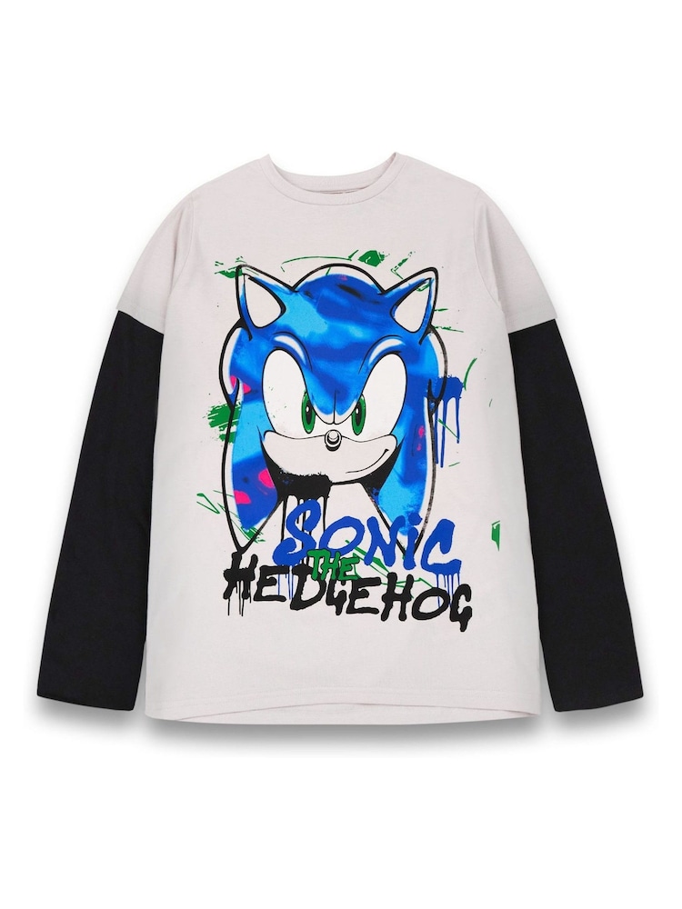 Vanilla Underground Boys Grey Character Long Sleeved Sonic The Hedgehog 100% Cotton T-Shirt - Image 1 of 5