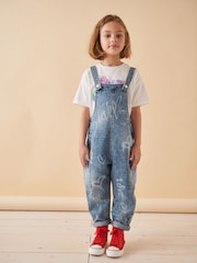 Mid Blue 100% Cotton Graffiti Dungarees (3-16yrs) - Image 1 of 9