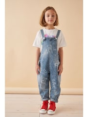 Mid Blue 100% Cotton Graffiti Dungarees (3-16yrs) - Image 2 of 9
