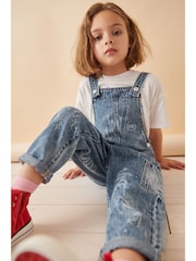 Mid Blue 100% Cotton Graffiti Dungarees (3-16yrs) - Image 3 of 9