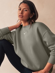 Nike Khaki Green Phoenix Fleece Oversized Mini Swoosh Crew Neck Sweatshirt - Image 1 of 6