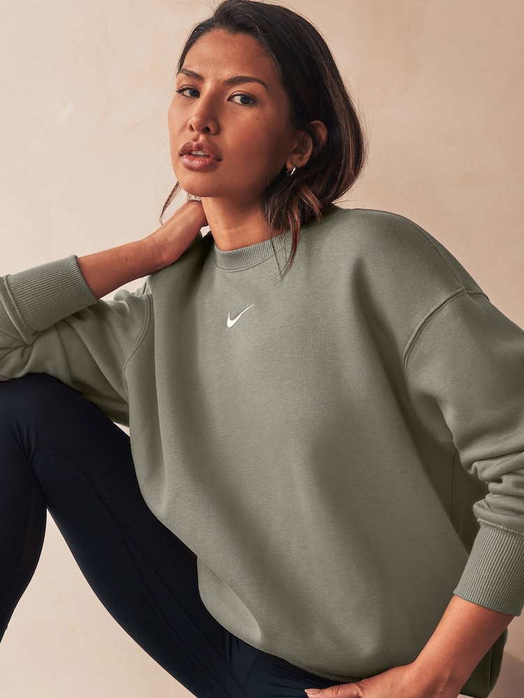 Nike Khaki Green Phoenix Fleece Oversized Mini Swoosh Crew Neck Sweatshirt - Image 1 of 6