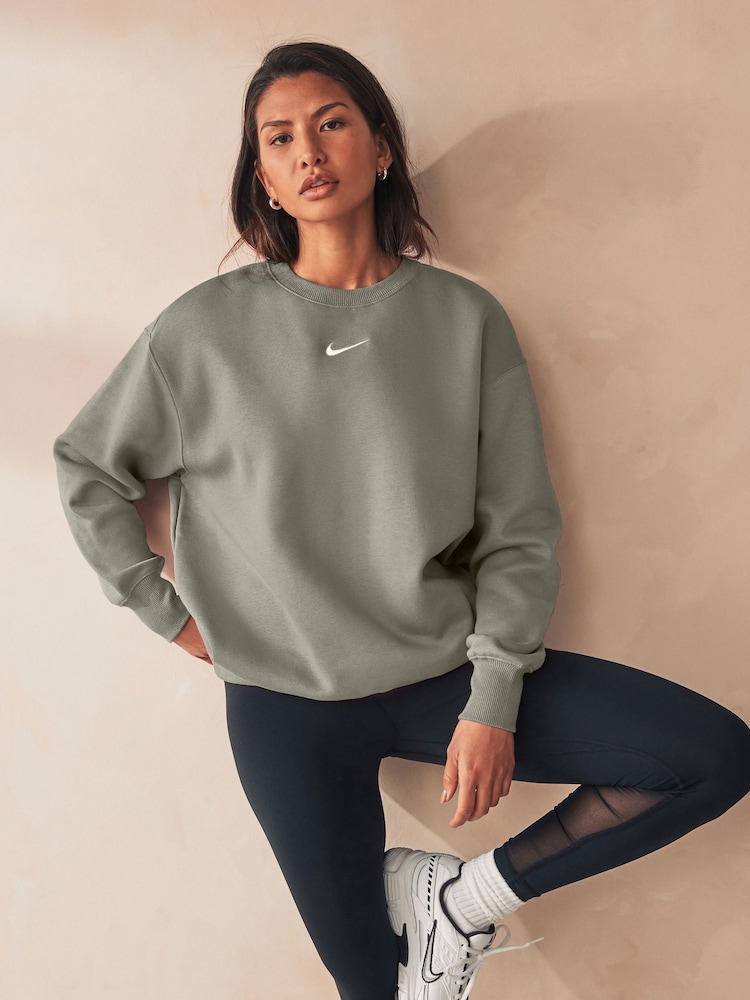 Nike Khaki Green Phoenix Fleece Oversized Mini Swoosh Crew Neck Sweatshirt - Image 2 of 6
