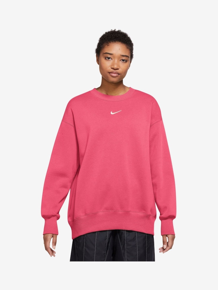 Nike Pink Phoenix Fleece Oversized Mini Swoosh Crew Neck Sweatshirt - Image 1 of 3