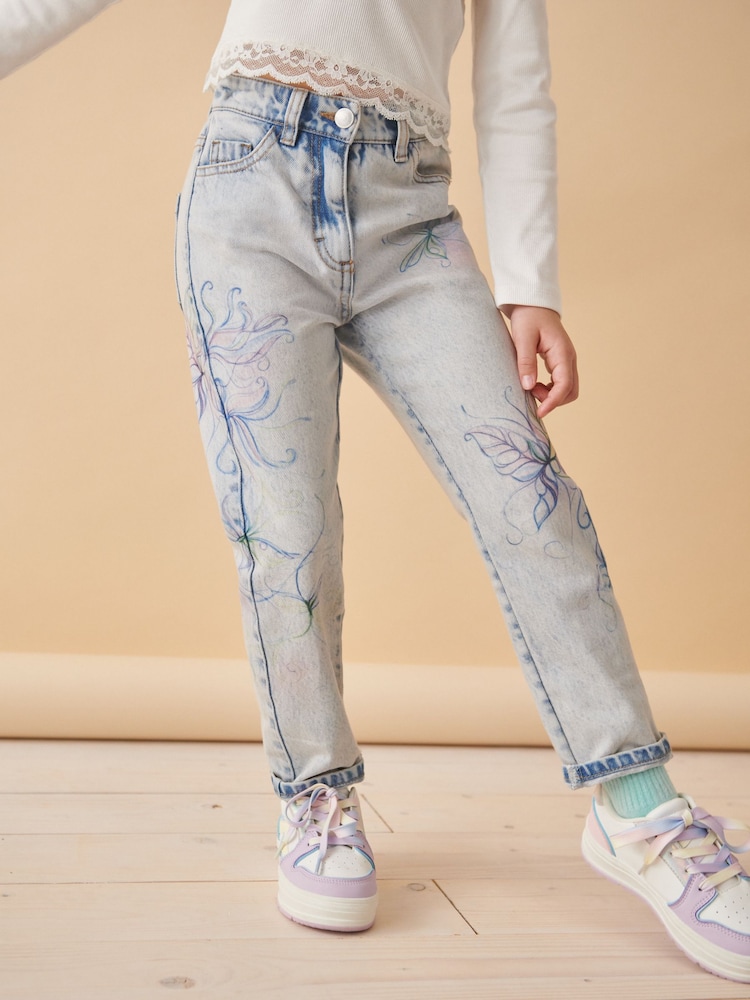 Blue Denim Mom Floral Printed 100% Cotton Jeans (3-16yrs) - Image 1 of 6 Blue Denim Mom Floral Printed 100% Cotton Jeans (3-16yrs) - Image 1 of 6