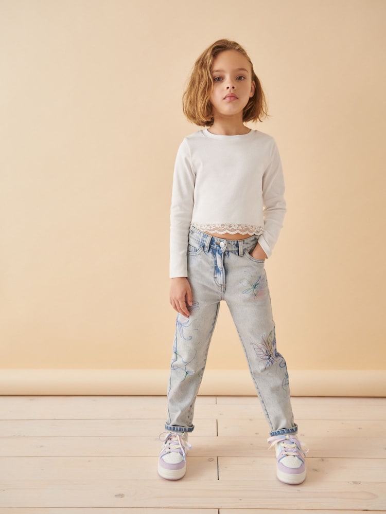 Blue Denim Mom Floral Printed 100% Cotton Jeans (3-16yrs) - Image 2 of 6 Blue Denim Mom Floral Printed 100% Cotton Jeans (3-16yrs) - Image 2 of 6
