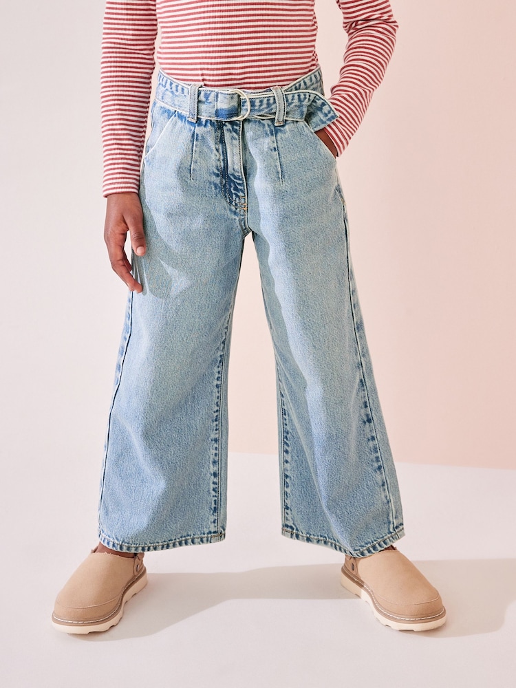 Denim Lightwash 100% Cotton Wide Leg Jeans With Belt (3-16yrs) - Image 1 of 7