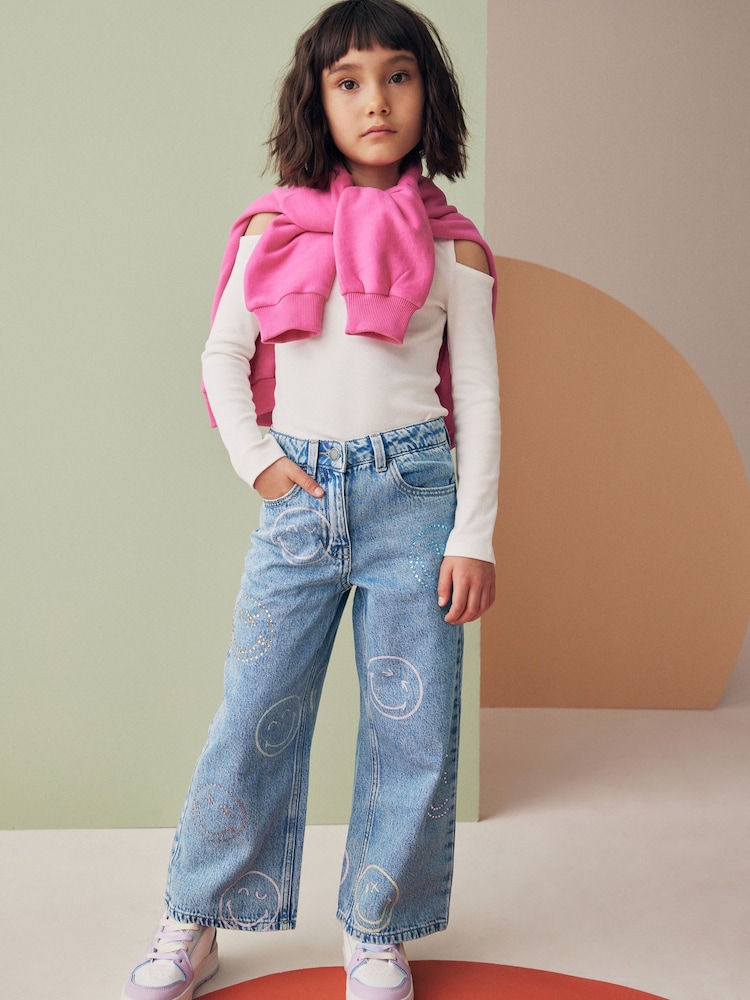 Mid Blue Denim SmileyWorld® Wide Leg 100% Cotton Jeans (3-16yrs) - Image 2 of 8