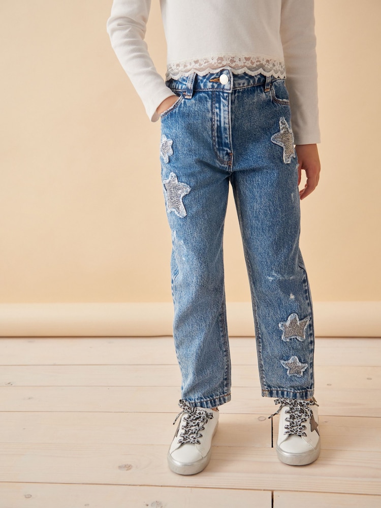 Mid Blue Denim Mom Sequin Star 100% Cotton Jeans (3-16yrs) - Image 3 of 8