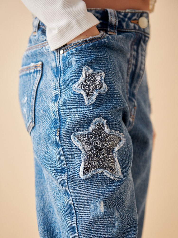 Mid Blue Denim Mom Sequin Star 100% Cotton Jeans (3-16yrs) - Image 5 of 8