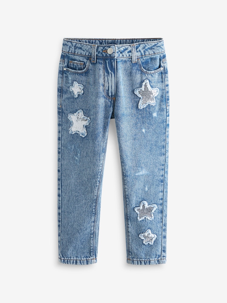 Mid Blue Denim Mom Sequin Star 100% Cotton Jeans (3-16yrs) - Image 6 of 8
