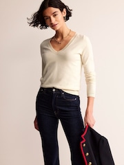 Boden Cream V-Neck Catriona Cotton Jumper - Image 1 of 6
