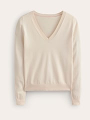 Boden Cream V-Neck Catriona Cotton Jumper - Image 5 of 6
