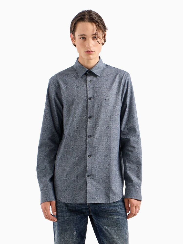 Armani Exchange Navy Houndtooth Long Sleeve 100% Cotton Shirt - Image 1 of 5