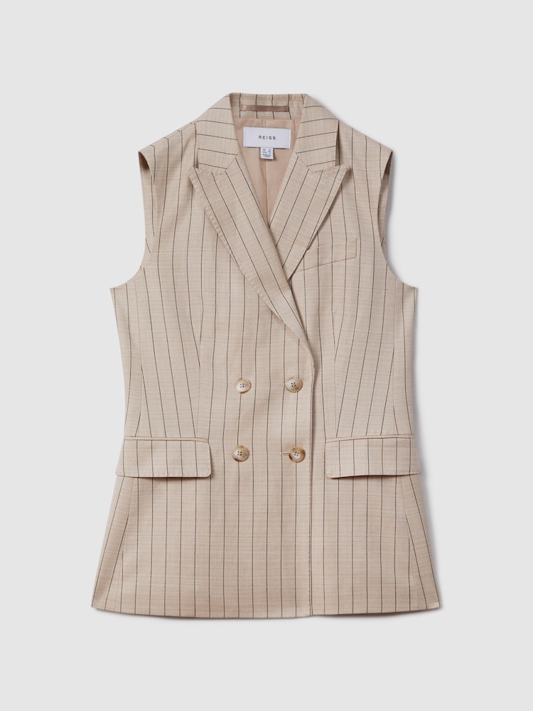 Reiss Neutral Odette Wool Blend Striped Double Breasted Waistcoat - Image 2 of 6