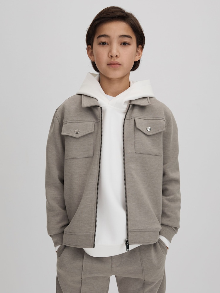 Reiss Taupe Medina Interlock Jersey Zip-Through Jacket - Image 1 of 6