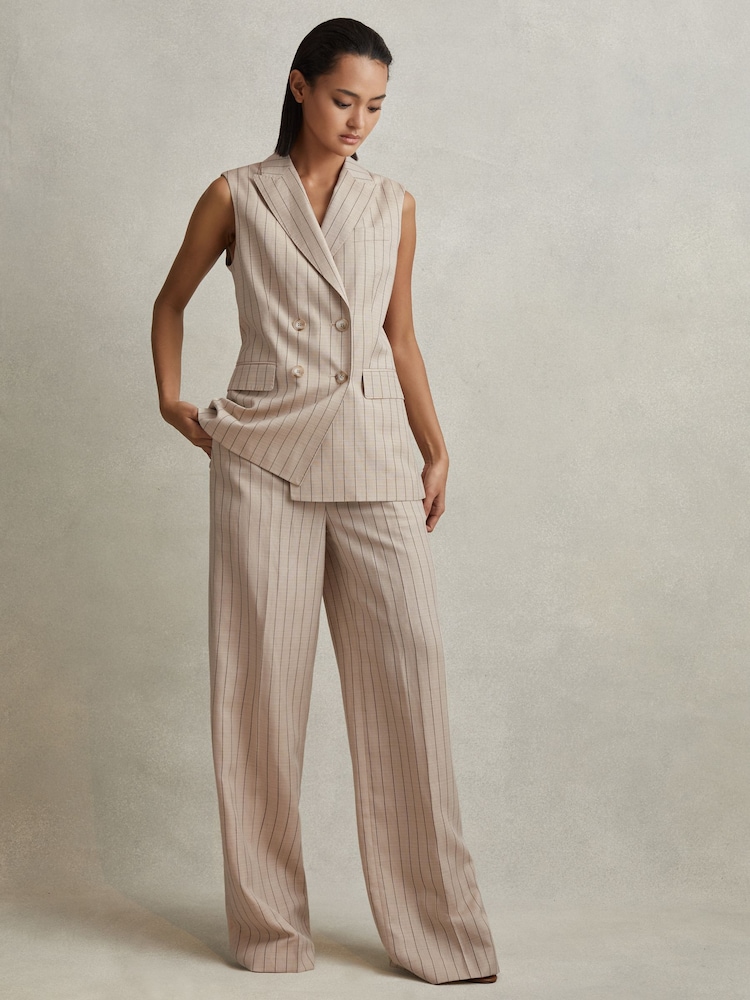 Reiss Neutral Odette Petite Wool Blend Striped Double Breasted Waistcoat - Image 1 of 7