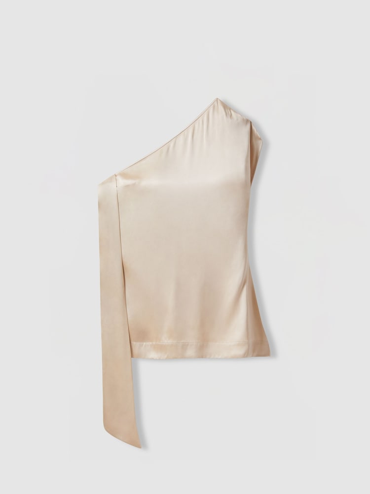 Reiss Blush Etta Atelier One-Shoulder Drape Back Top With Linen - Image 2 of 5 Reiss Blush Etta Atelier One-Shoulder Drape Back Top With Linen - Image 2 of 5