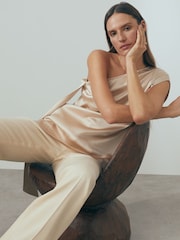 Reiss Blush Etta Atelier One-Shoulder Drape Back Top With Linen - Image 4 of 5
