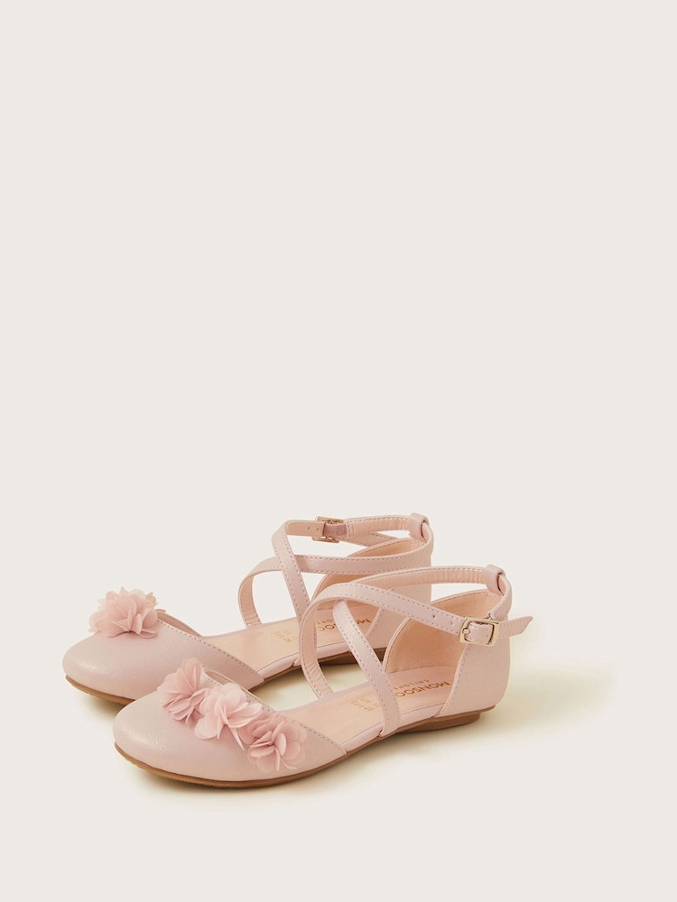 Monsoon Pink Pom Pom Shimmer Criss-Cross Ballerina Flats - Image 1 of 3