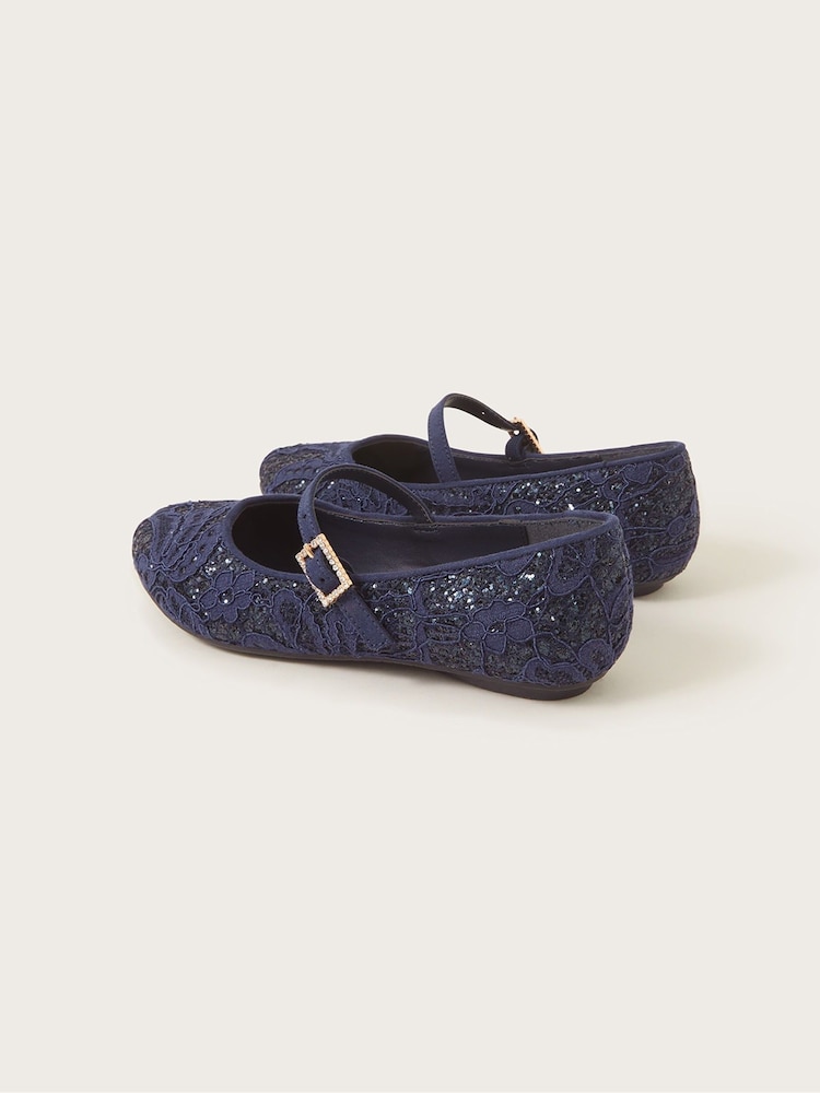 Monsoon Blue Glitter Lace Ballerina Flats - Image 2 of 3