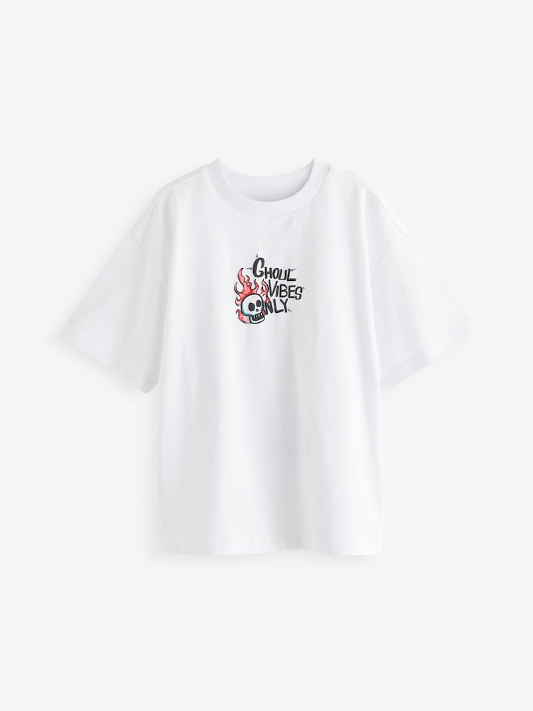 White Ghoul Vibes Oversized Fit 100% Cotton Short Sleeve Graphic T-Shirt (3-16yrs) - Image 1 of 3 White Ghoul Vibes Oversized Fit 100% Cotton Short Sleeve Graphic T-Shirt (3-16yrs) - Image 1 of 3