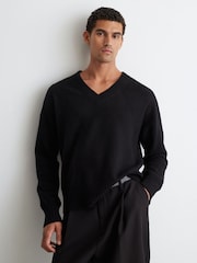 Reiss Black Alberz Wool-Cashmere V-Neck Jumper - Image 1 of 6